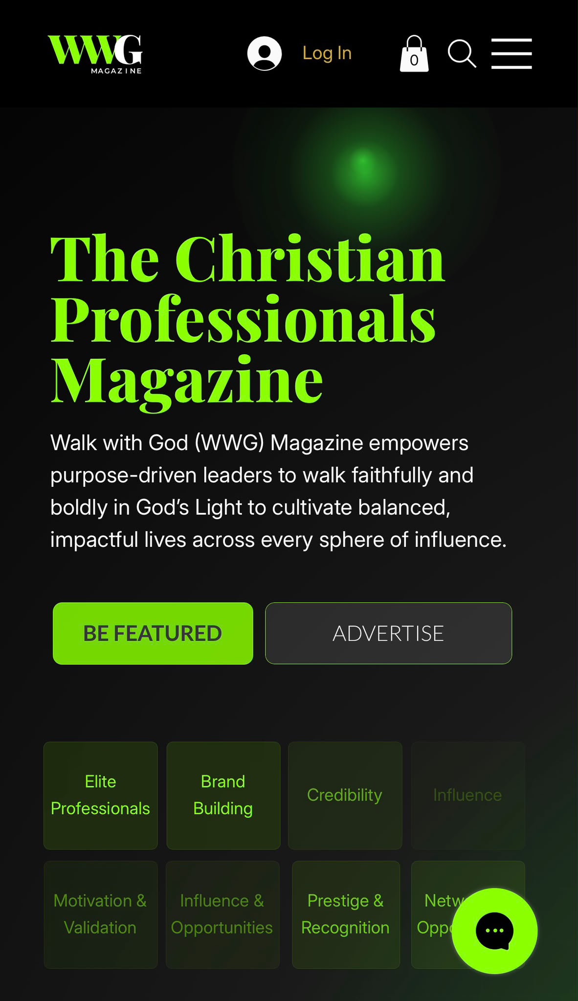 WWG Magazine homepage on mobile, the same hero reflowed to a single column with stacked call-to-action buttons